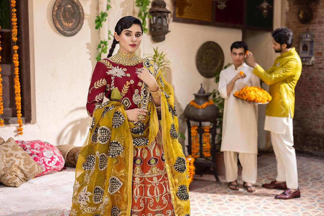 Luxury Orange Lehenga & Maroon Choli - Pakistani Bridal Dresses
