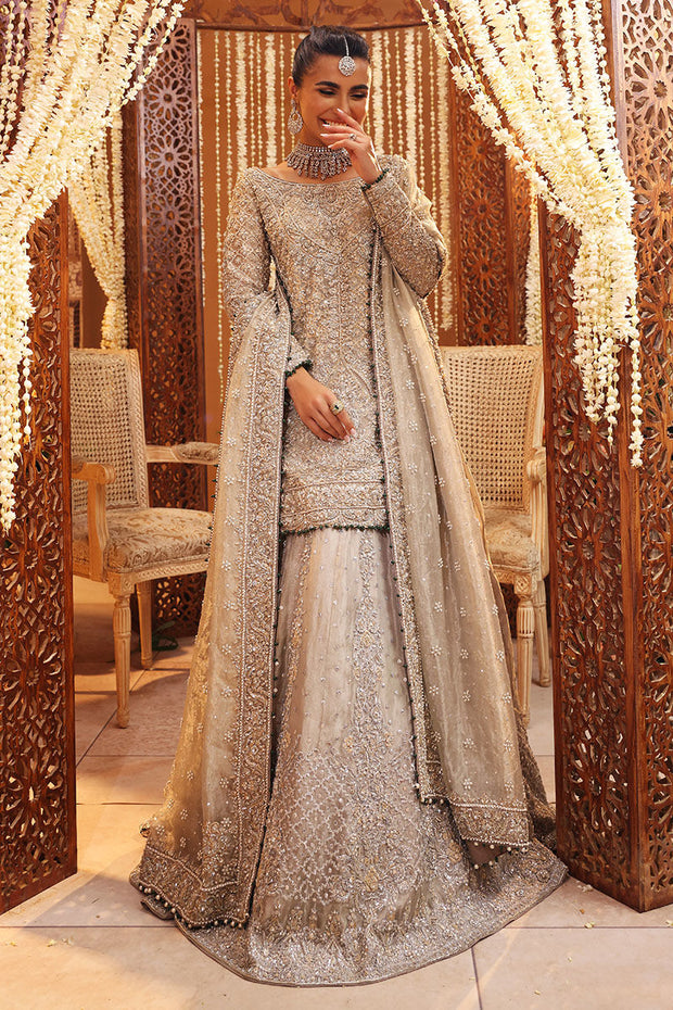 Beautiful Pakistani Bridal Dress in Silver Lehenga Shirt Style