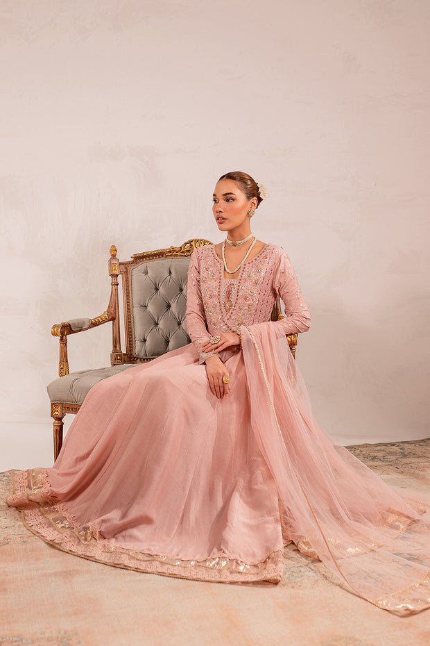 Beautiful Pakistani Eid Dress in Raw Silk Soft Pink Pishwas Style