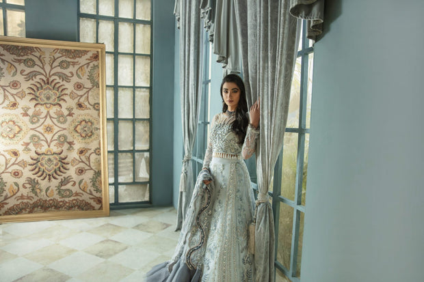 Beautiful Pakistani Wedding Blue Grey Lehenga Choli Dupatta Dress