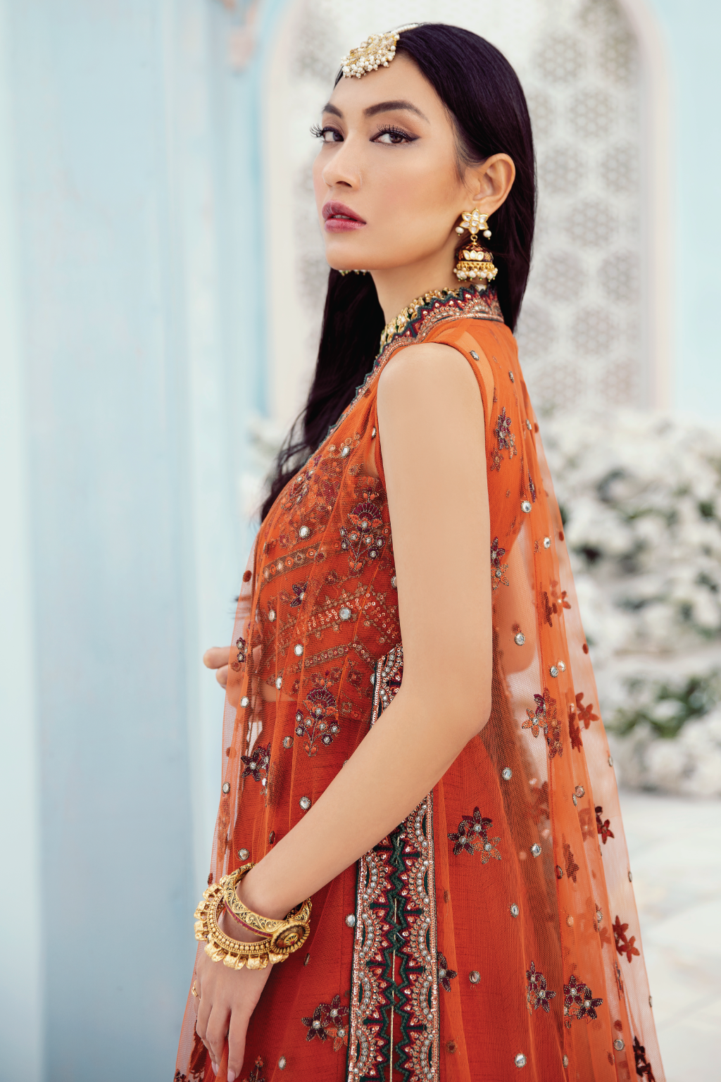Beautiful Party Wear Pakistani Long Dress in Rust Shade