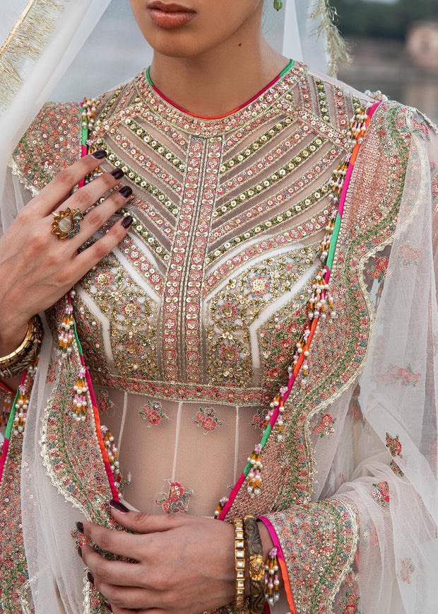 Beautiful Pishwas Frock with Sharara and Dupatta in Net Fabric