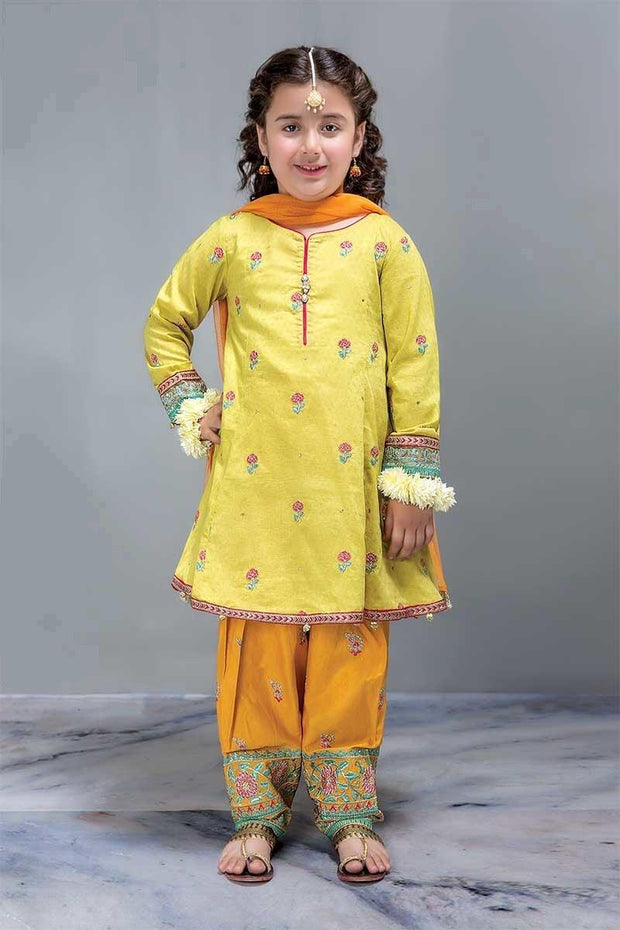 Beautiful Aline Shirt Shalwar Designer Dress in Lemon Yellow for Kids