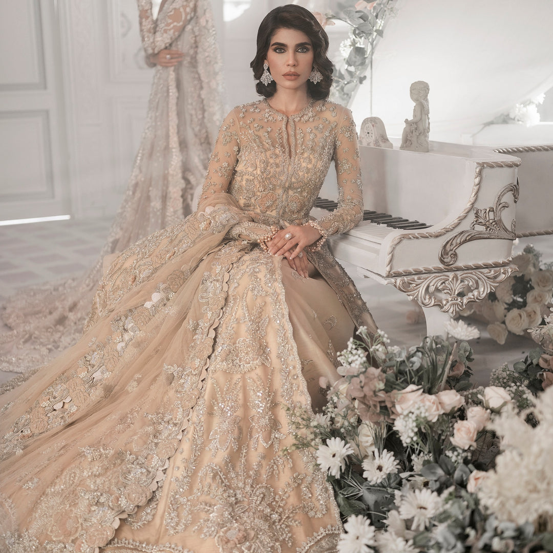 Golden Beige Lehenga Frock for Pakistani Wedding Dresses SMALL Golden Beige Lehenga Frock for Pakistani Wedding Dresses SMALL