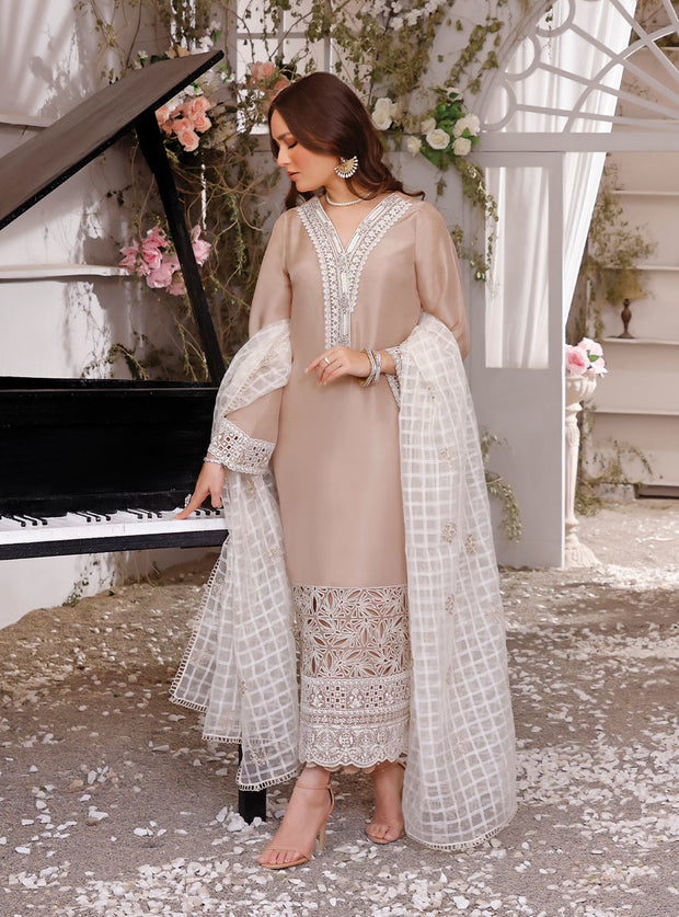 Beige Colored Silk Kameez Trouser Dupatta Pakistani Eid Dress