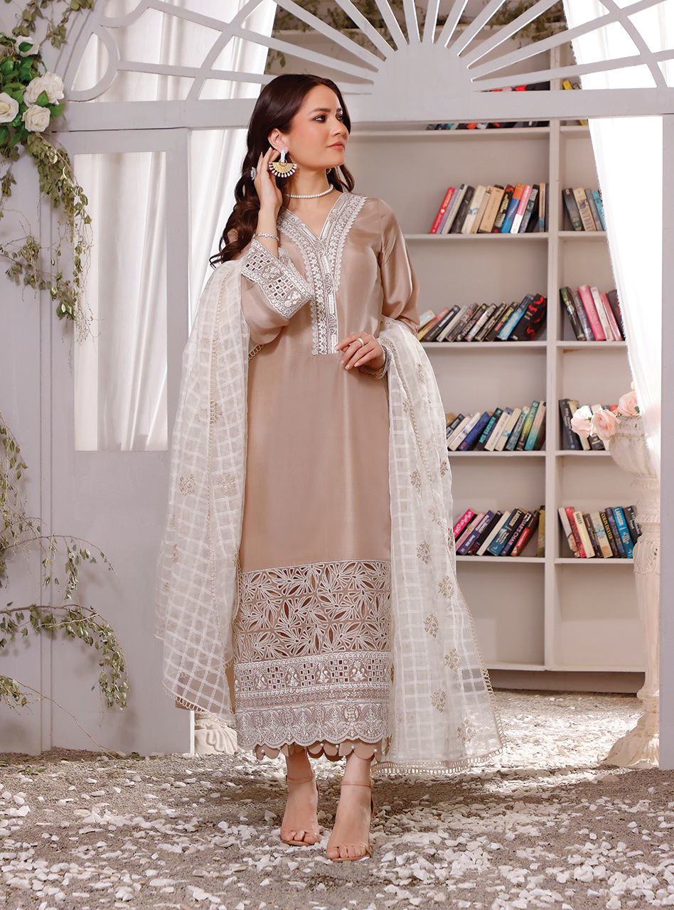 Beige Colored Silk Kameez Trouser Pakistani Eid Dress Online – Nameera by Farooq