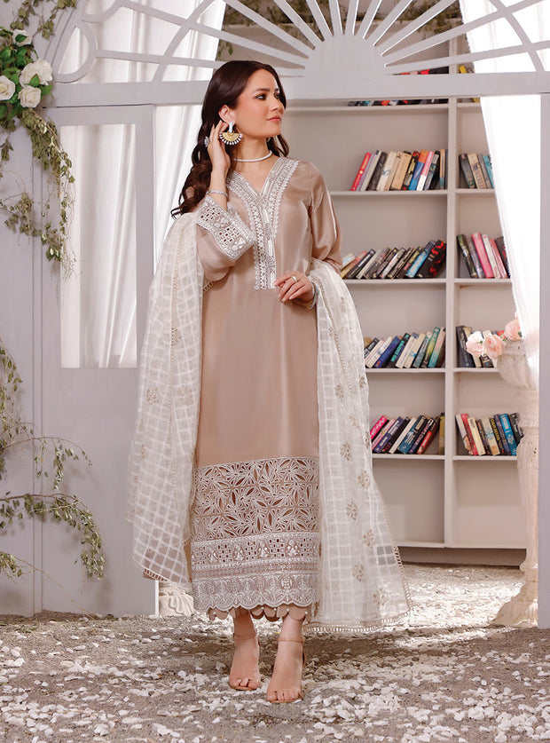 Beige Colored Silk Kameez Trouser Pakistani Eid Dress