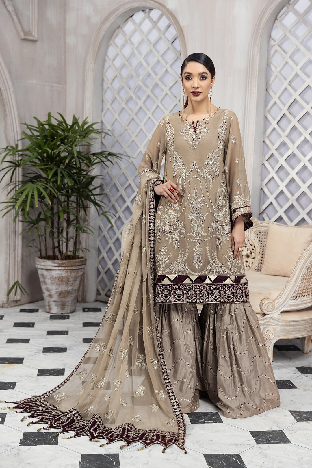 Beige Farshi Gharara with Lavish Embroidery