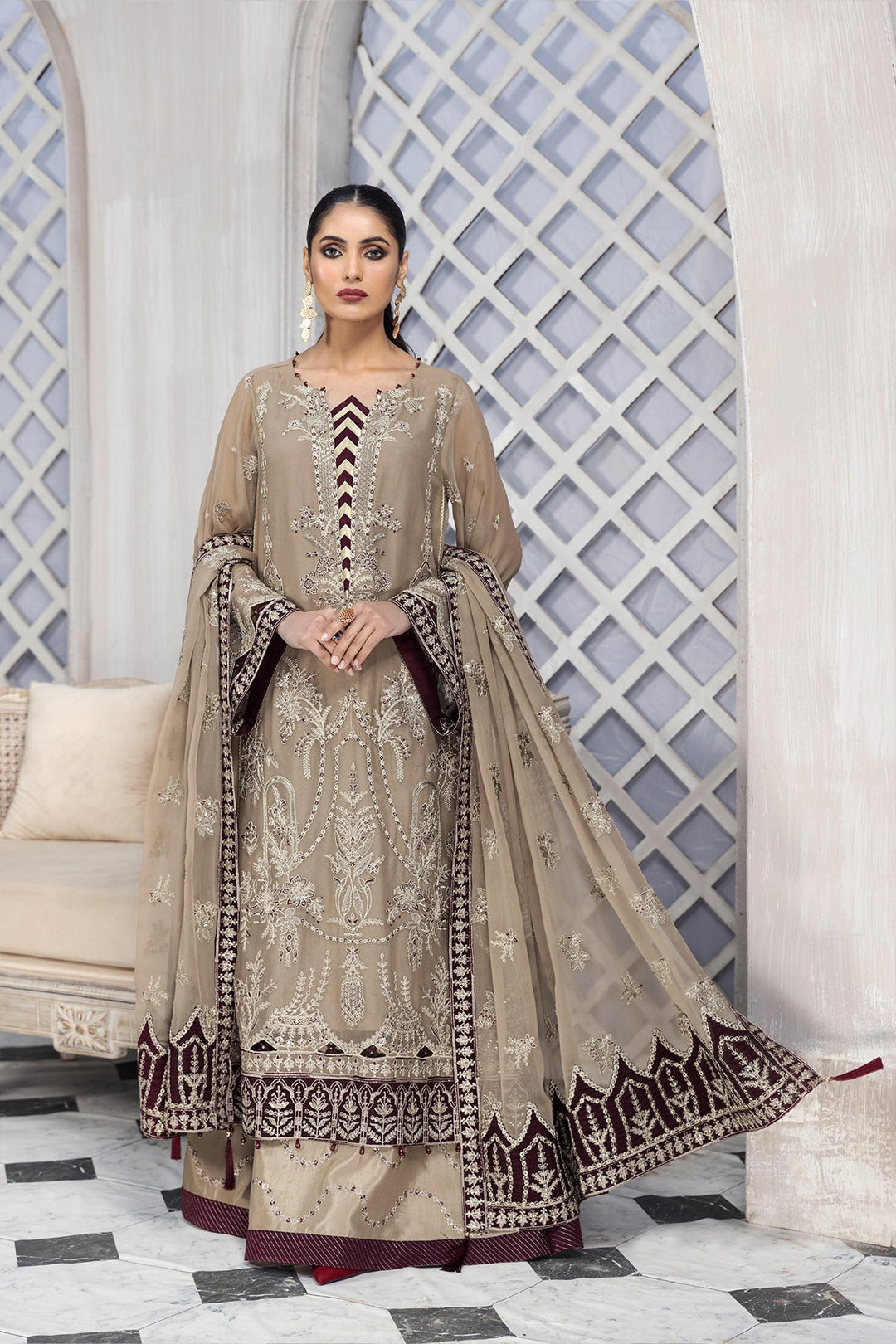Beige Farshi Gharara with Lavish Embroidery Latest