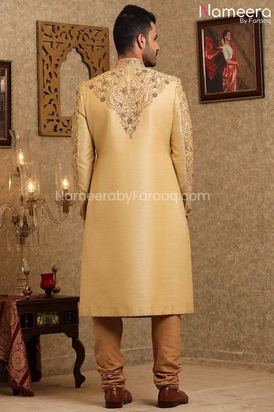 Beige Groom Sherwani for Wedding Online 2021 Backside View