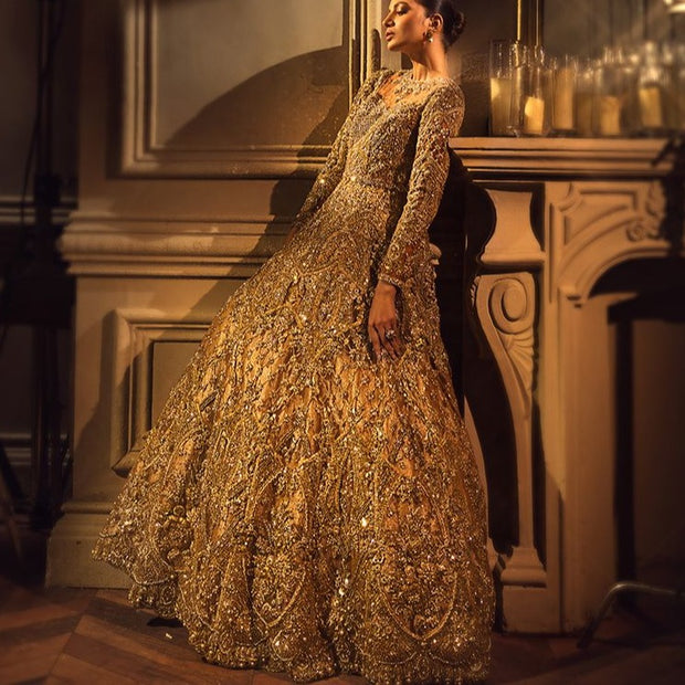Best Designer Lehenga in Golden for Indian Bridal Wear – Nameera by Farooq