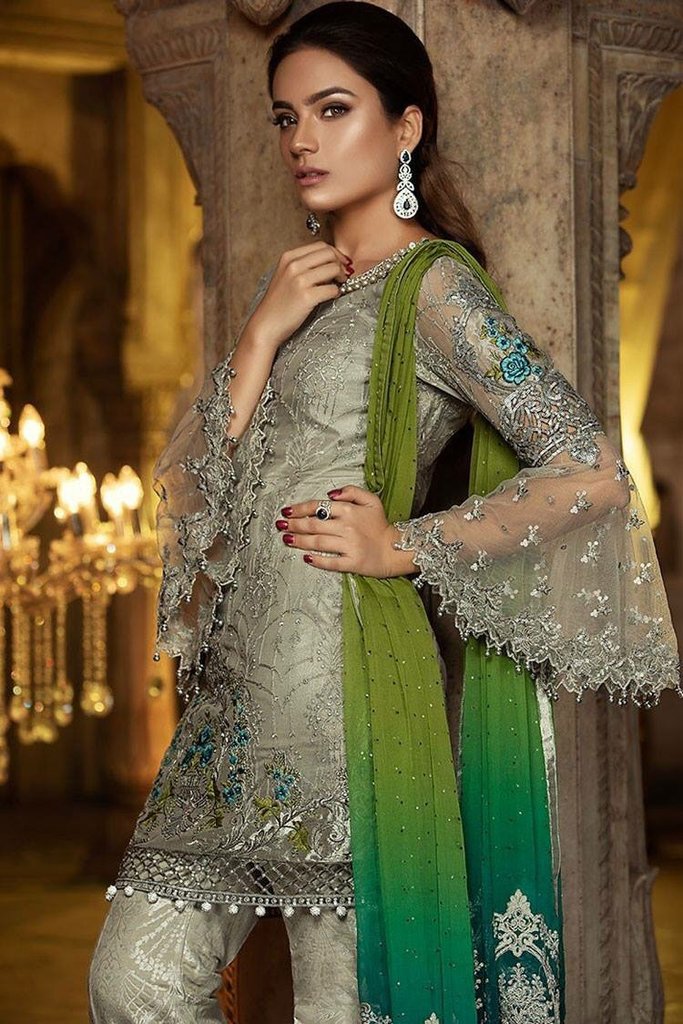 Latest Party Wear Dress Chiffon by Maria B Gray Color