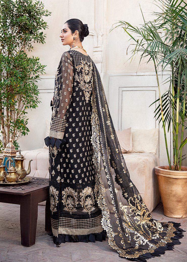 Black Crinkle Chiffon Outfit with Embroidery Backside Look