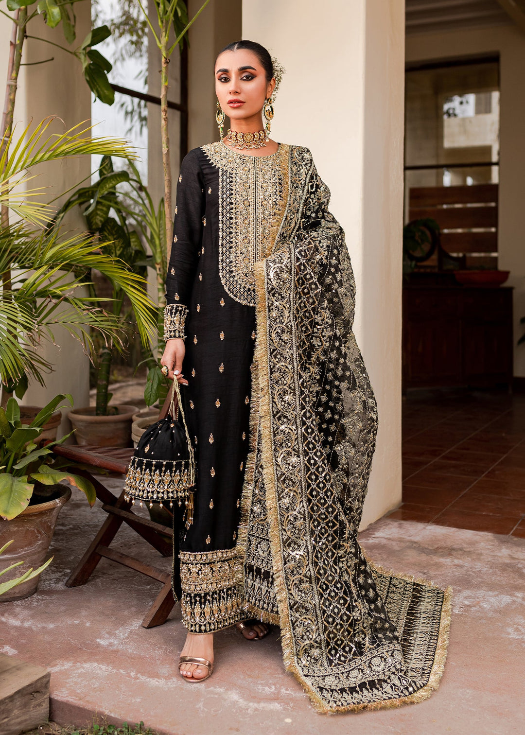 Black Gold Shirt Palazzo for Pakistani Wedding Dresses Nameera by Farooq