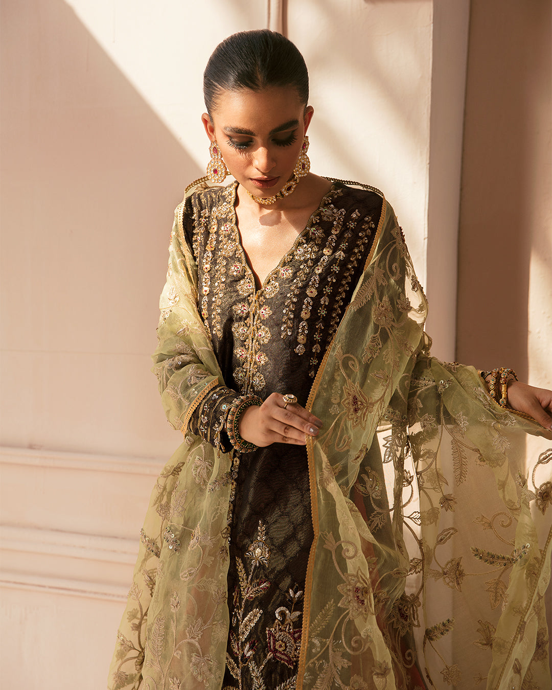 Black Kameez and Red Lehenga Dupatta Dress