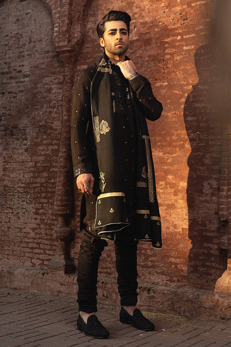 Black Men Sherwani Style Salwar Kameez for Marriage