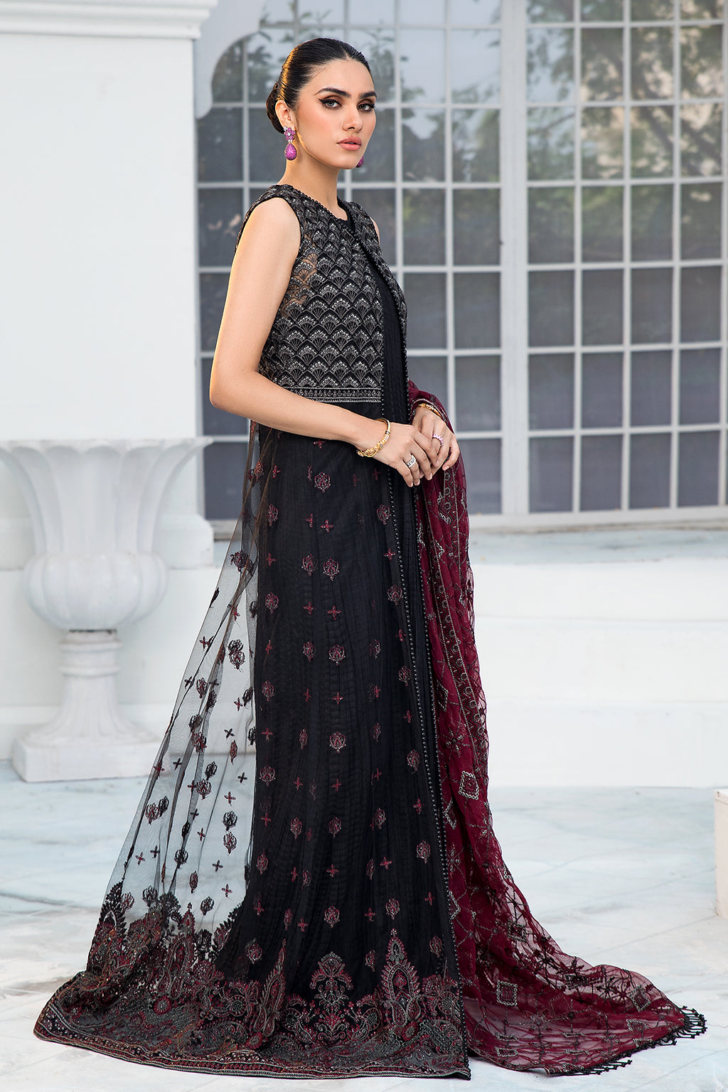 Black Pakistani Frock with Maroon Contrast Party Wear
