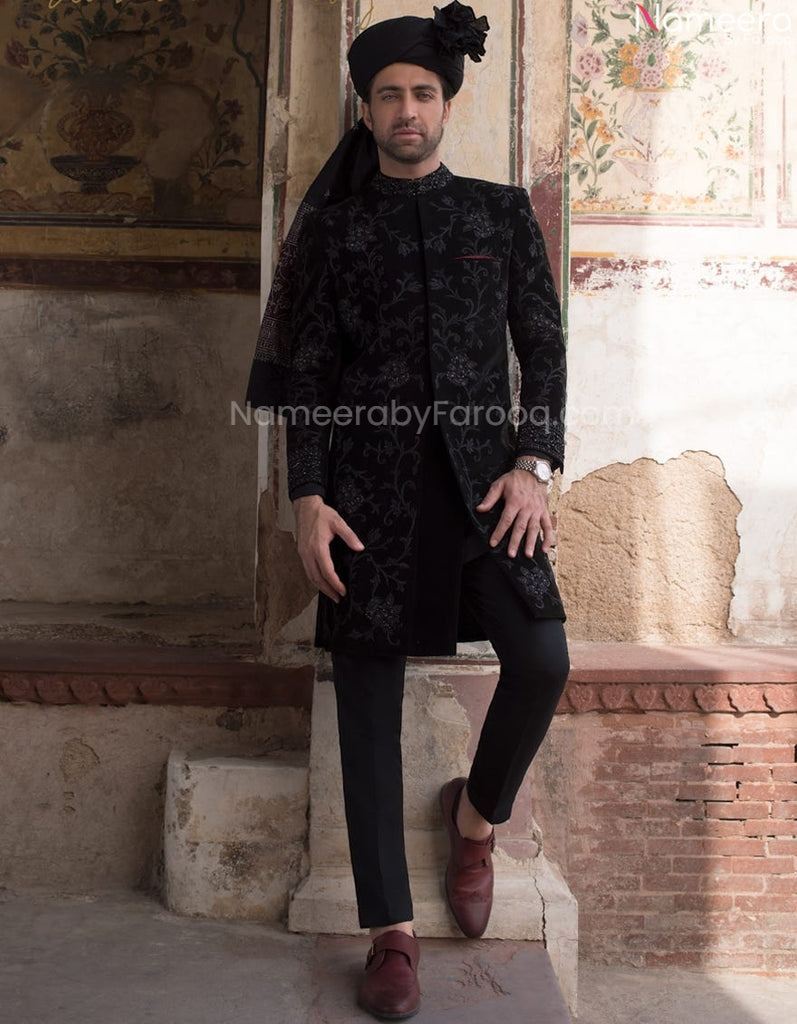 Designer Black Sherwani in Corduroy Fabric with Turban Online