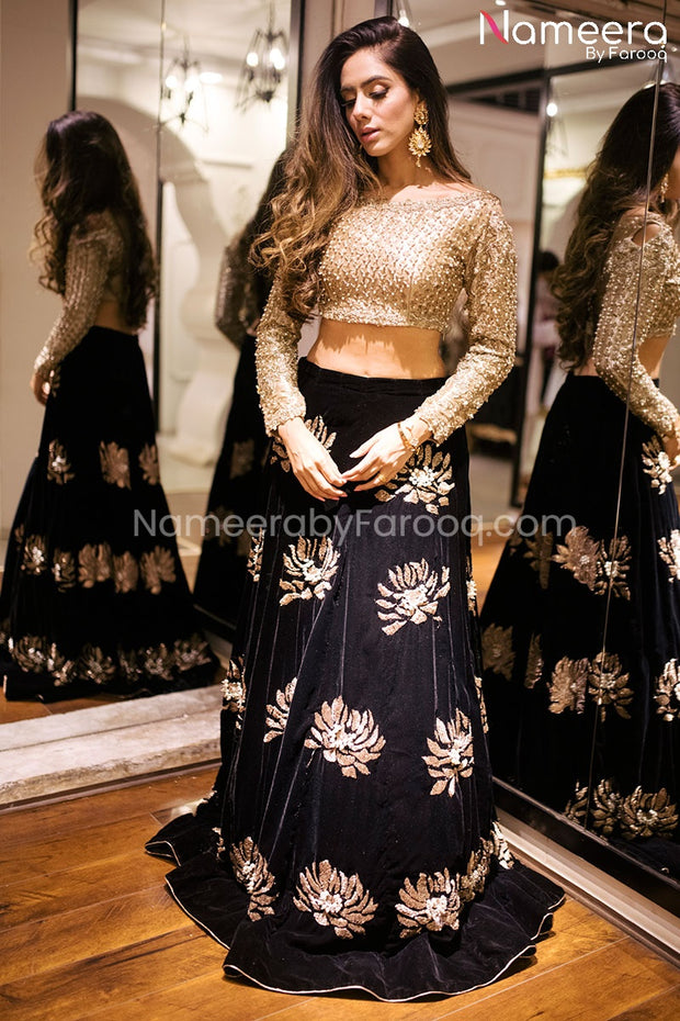 Black Velvet Lehenga with Golden Choli Online