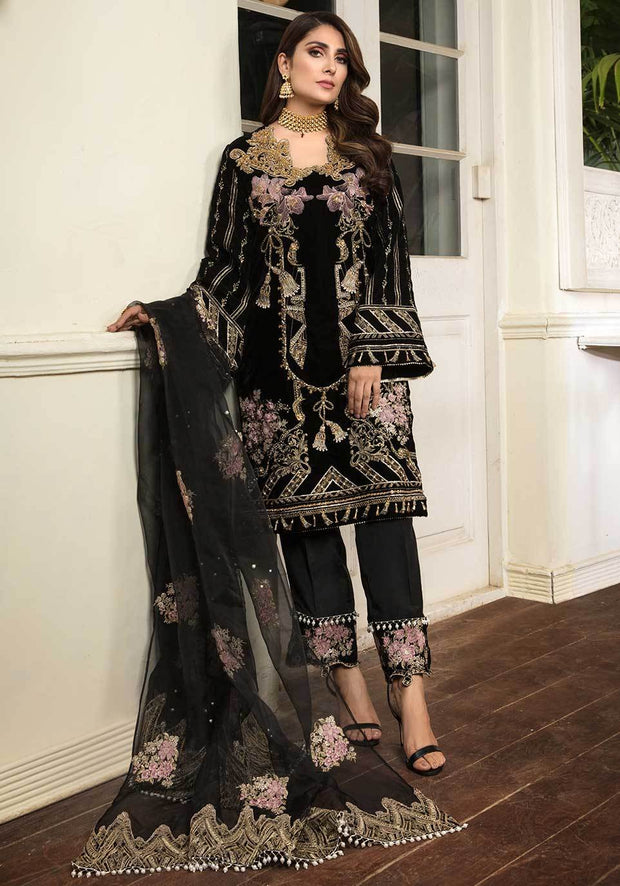 Black Velvet Party Dress With Embroidery