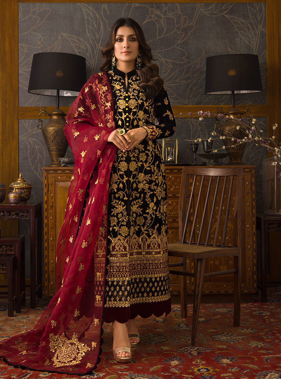 Black Velvet Salwar Kameez Design Pakistani Dress 