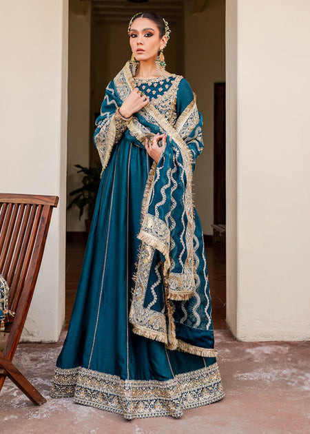 Blue Gold Long Pishwas for Pakistani Wedding Dresses – Nameera by Farooq