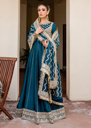 Blue Gold Long Pishwas for Pakistani Wedding Dress