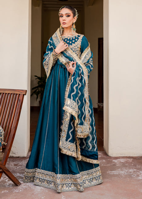 Blue Gold Long Pishwas for Pakistani Wedding Dresses CUSTOM SIZE Blue Gold Long Pishwas for Pakistani Wedding Dresses CUSTOM SIZE
