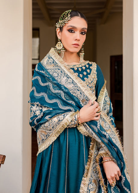 Blue Gold Long Pishwas for Pakistani Wedding Dresses CUSTOM SIZE