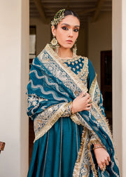 Blue Gold Long Pishwas for Pakistani Wedding Dresses 2023