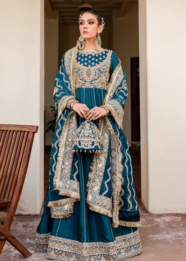 Blue Gold Long Pishwas for Pakistani Wedding Dresses Nameera by Farooq Blue Gold Long Pishwas for Pakistani Wedding Dresses Nameera by Farooq
