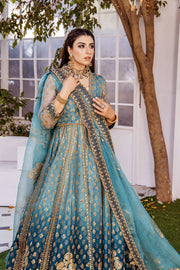 Blue Kalidar Hand Embellished Pishwas with Dupatta Wedding Dress