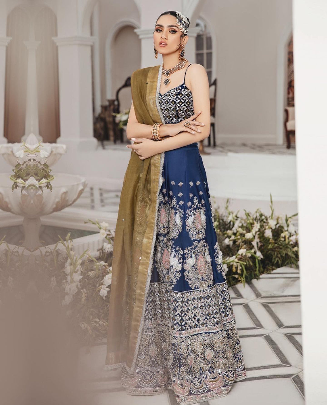 Elegant Blue Pakistani Bridal Lehenga with Choli & Dupatta