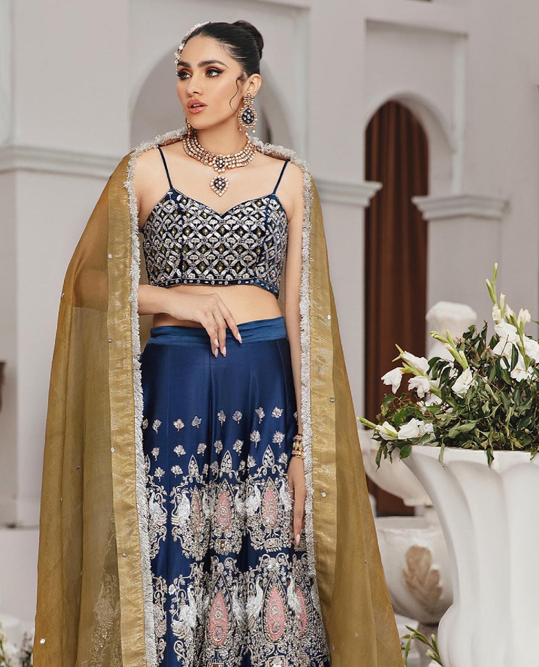 Elegant Blue Pakistani Bridal Lehenga with Choli & Dupatta