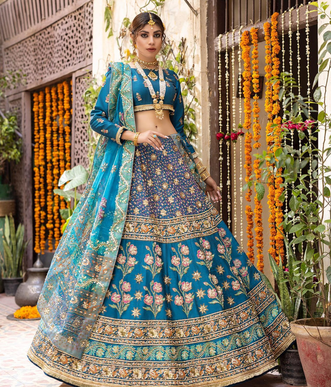 Elegant Blue Pakistani Bridal Lehenga with Dupatta