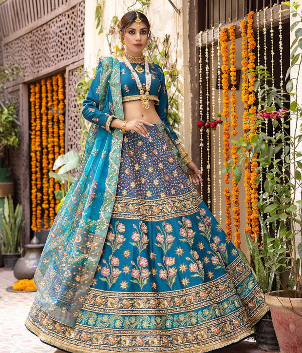 Blue Lehenga Choli and Dupatta Wedding Dress for Bride – Nameera by Farooq