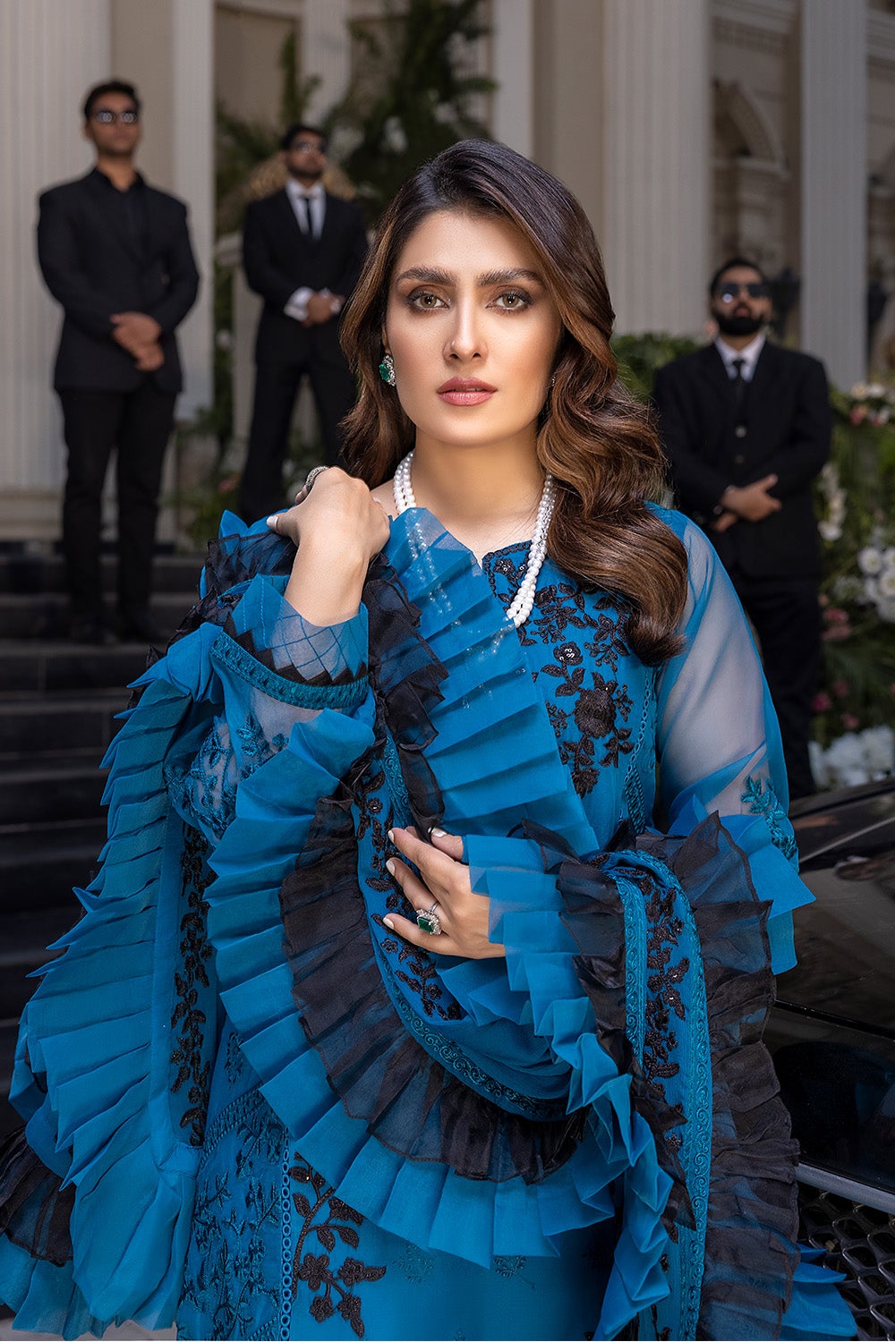Blue Pakistani Dress with Black Embroidery Work 2022