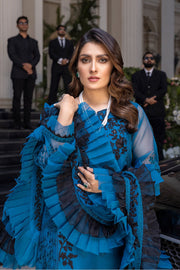 Blue Pakistani Dress with Black Embroidery Work 2022
