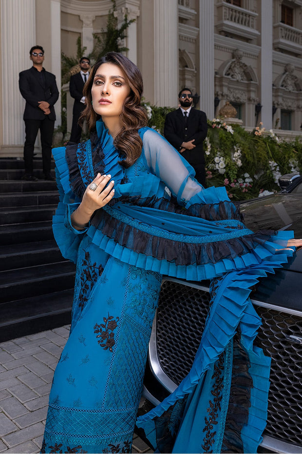 Blue Pakistani Dress with Black Embroidery Work Latest