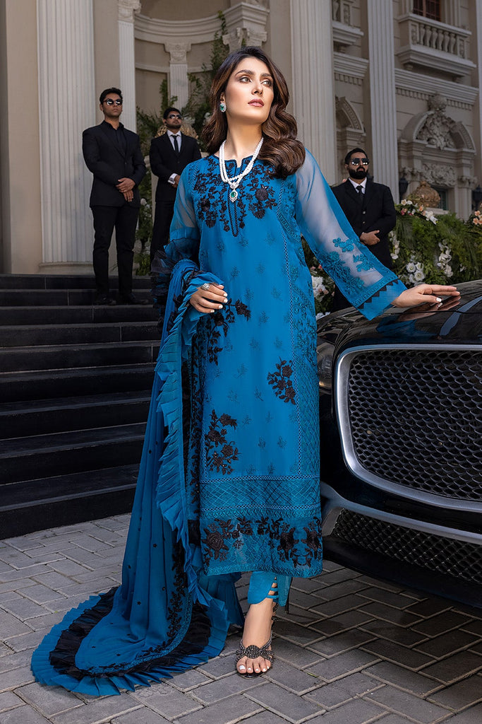 Blue Pakistani Dress with Black Embroidery Work #PF408