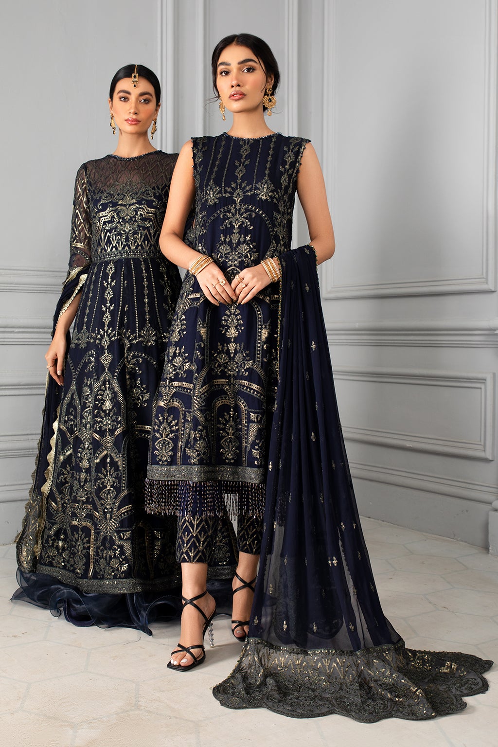 Navy Blue Pakistani Dress with Fine Embroidery