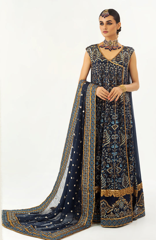 Blue Pakistani Wedding Dress in Angrakha Frock Style