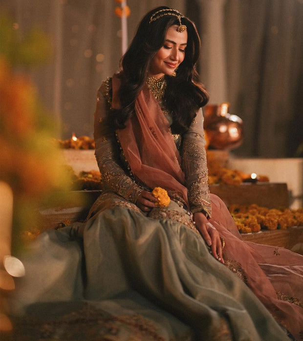 Blue Sharara Kameez Dupatta Pakistani Wedding Dress Online