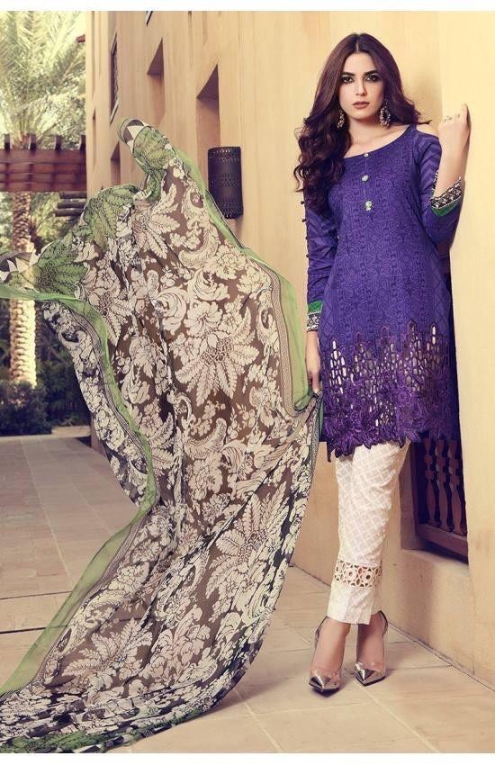 Blue Jaal Work Lawn Dress Contrast Chifoon Dubatta 