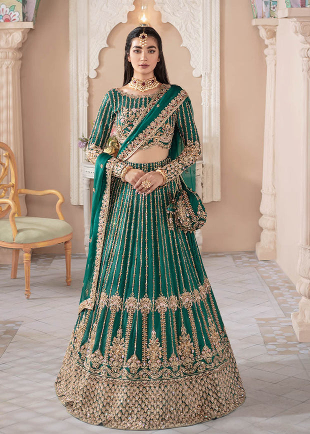 Bottle Green Bridal Lehenga Choli and Dupatta Dress