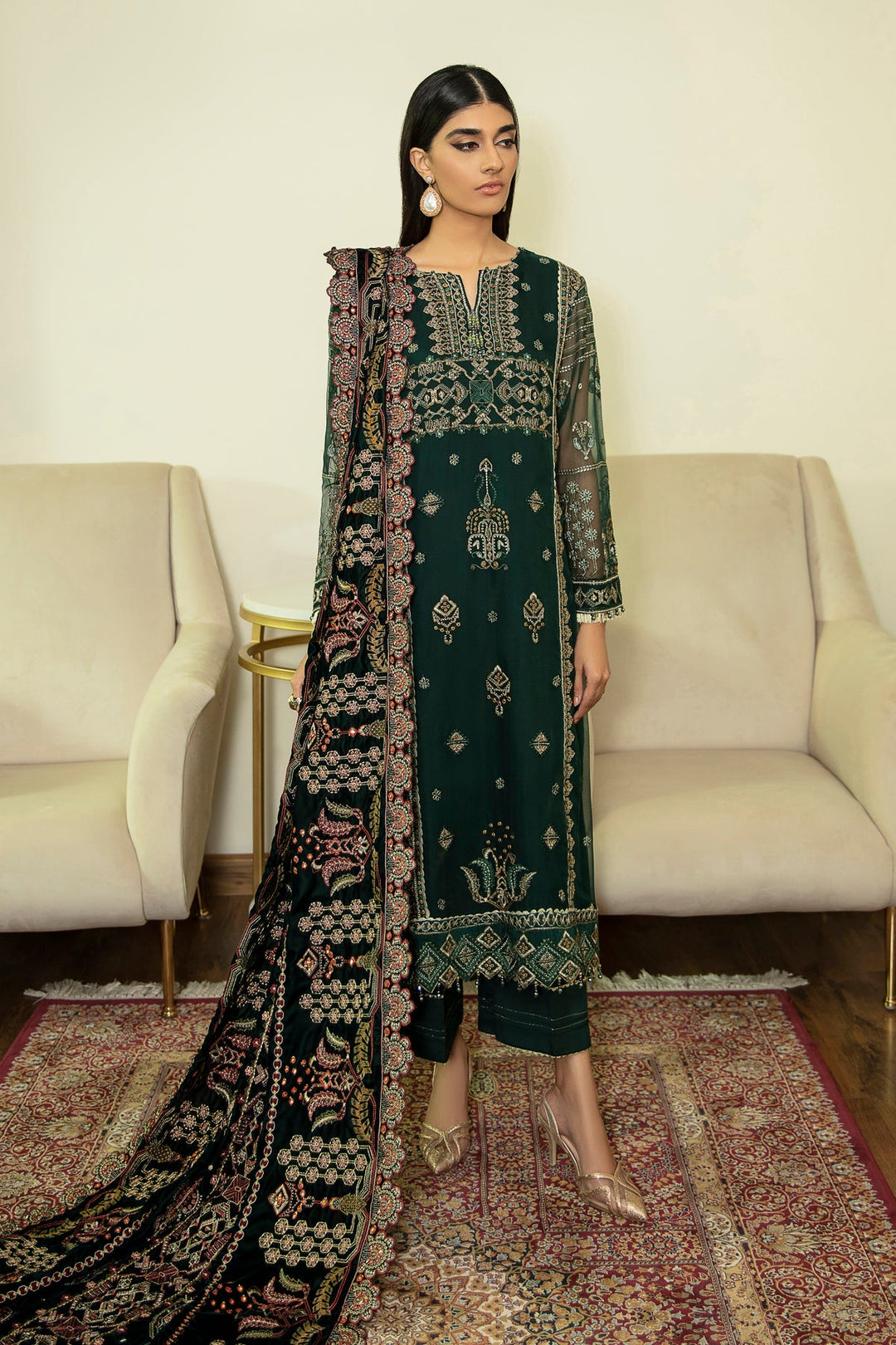 Bottle Green Kameez Salwar with Velvet Shawl