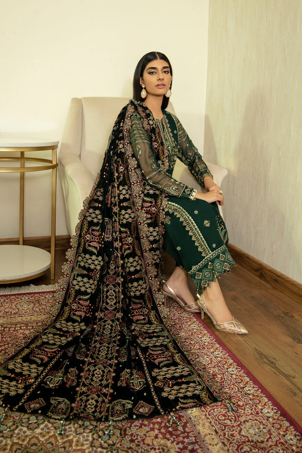 Bottle Green Kameez Salwar with Velvet Shawl Designer