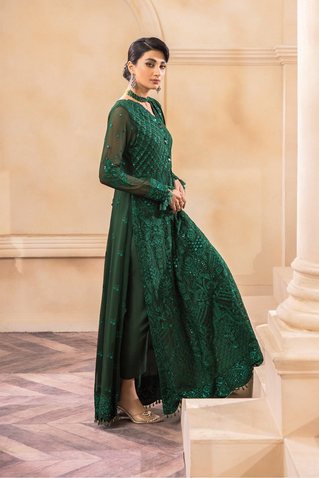 Bottle Green Pakistani Dress with Embroidery Designer