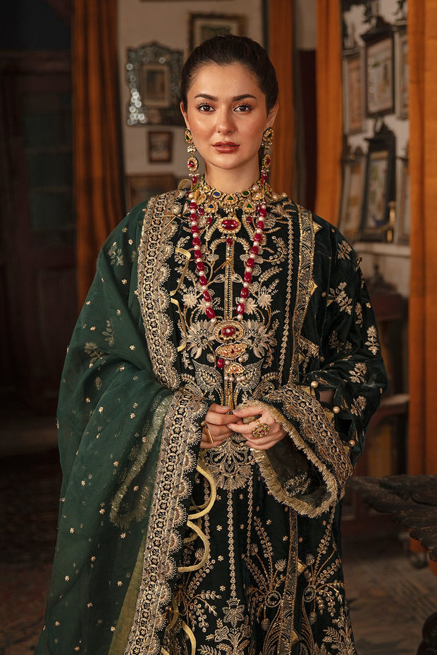 Bottle Green Pakistani Dress with Golden Details 2022