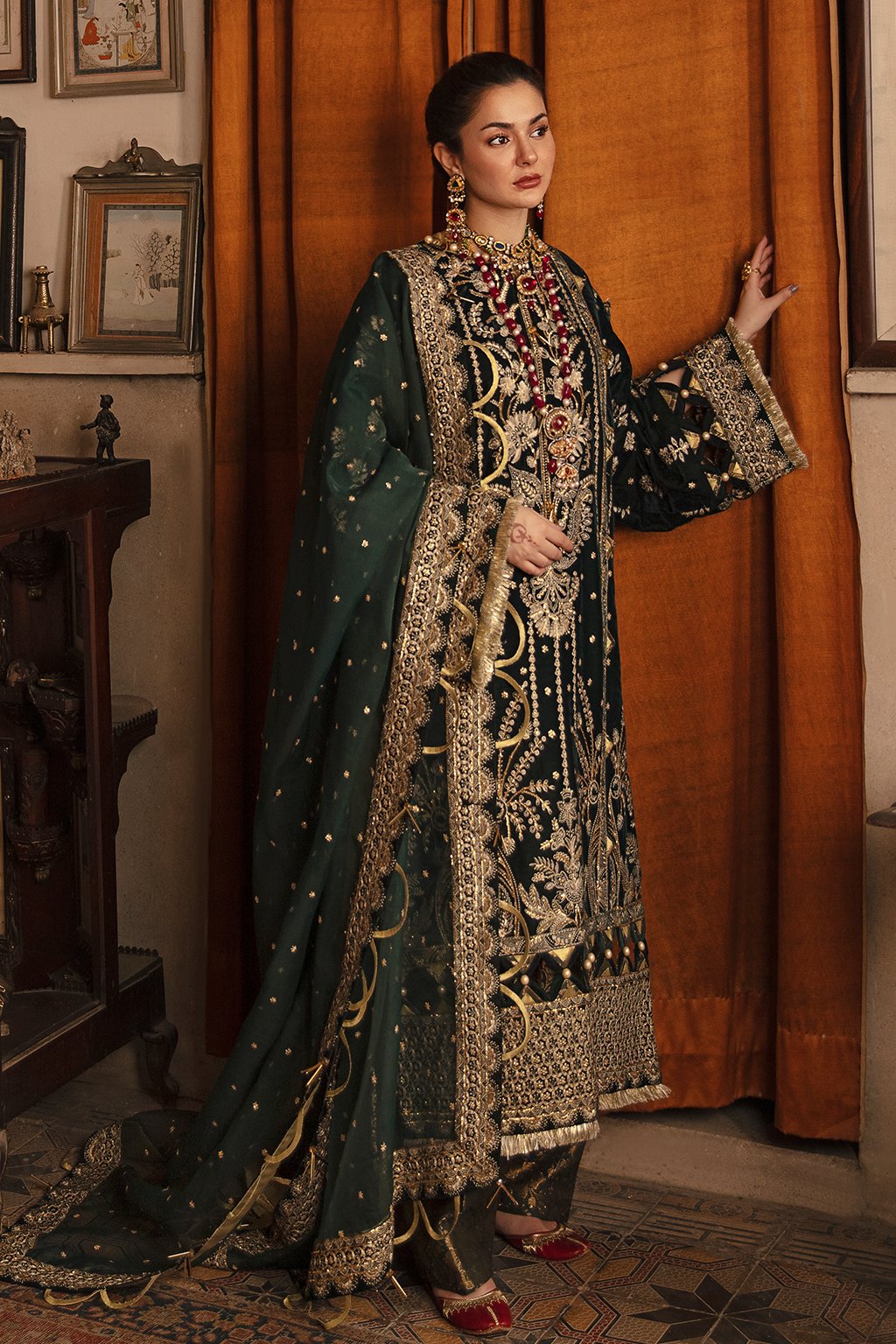 Bottle Green Pakistani Dress with Golden Details Latest